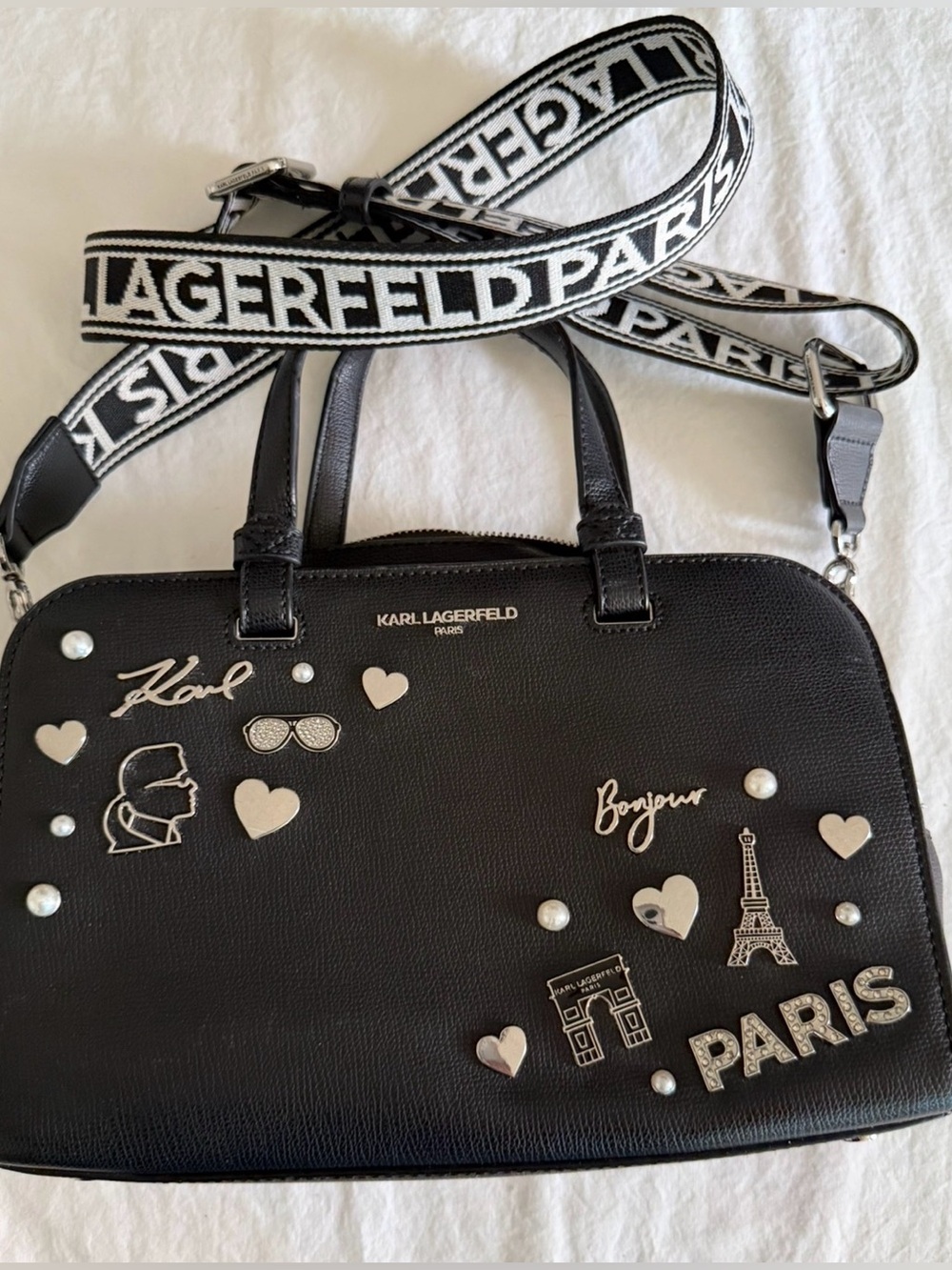 Karl Lagerfeld Black Paris Charm Satchel with Logo Strap
